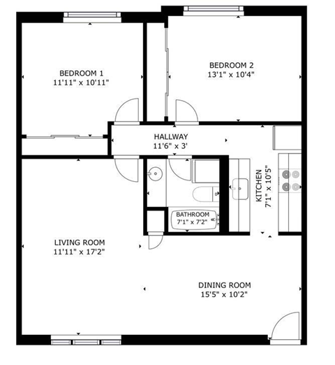 Floor plan for 2 beds, 1 bath, 764 sqft